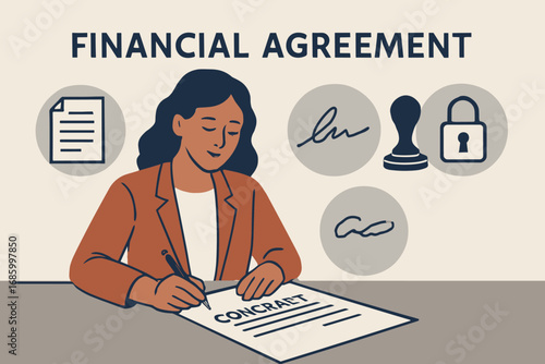 Financial Agreement Signing. Scene banner with woman signing financial agreement and legal finance icon set for contract,