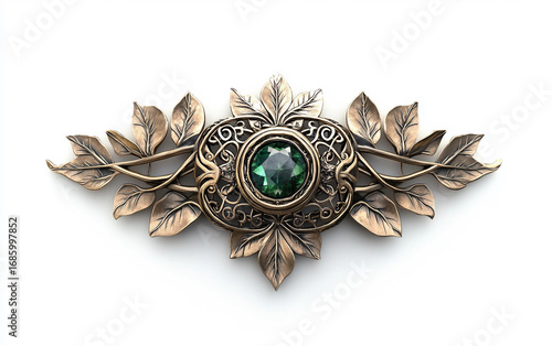 Handcrafted fantasy brooch with elven leaf engravings isolated on white background PNG