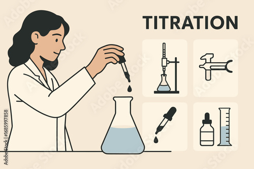 Chemical Titration Process. Wide vector layout with woman adding drops to solution and titration icon set for burettes, clamps,