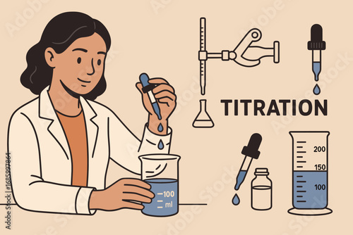 Chemical Titration Process. Wide vector layout with woman adding drops to solution and titration icon set for burettes, clamps,