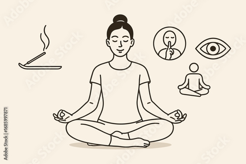 Mindfulness Meditation Icons. Horizontal composition showing instructor in meditation pose and mindfulness icon set for incense,