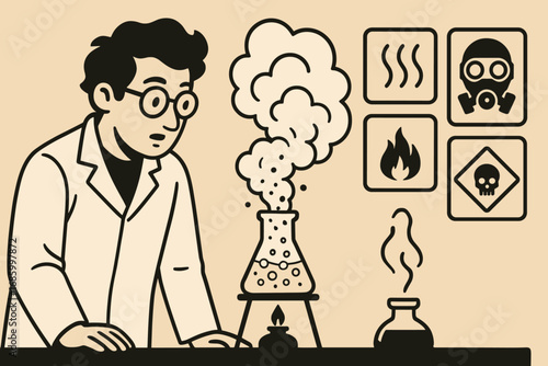 Chemist Observes Chemical Reactions. Horizontal artwork with chemist observing smoke reaction and volatile reaction icon set for