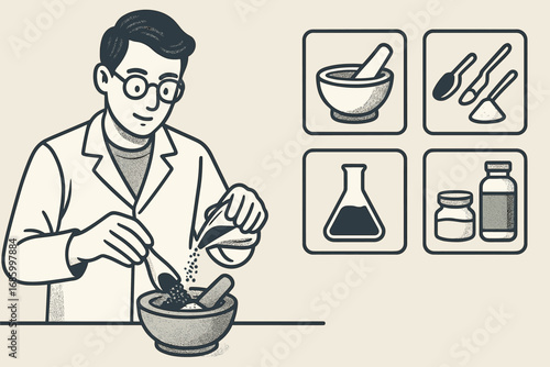 Chemical Reaction Icons. Wide banner showing chemist combining powders and solid reaction icon set for mortar, scoops, color