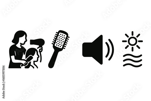 Hairdryer Icon Set. Minimalist vector strip with hairdresser blow-drying and blowout icon set for dryer, round brush, volume icons