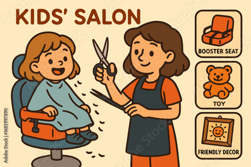 Kid's First Haircut. Cartoon-style horizontal panel showing child getting first haircut and kids salon icon set for booster seat,
