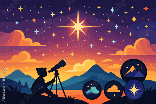 Starlit Mountain Horizon. Colorful vector panel with stars twinkling over mountains and scenic stargazing icon set for horizon