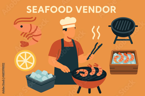 Seafood Vendor Cooking. Flat vector banner with vendor cooking seafood and coastal food icon set for shrimp, lemon, grill, ice bed