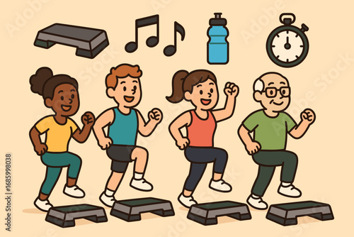 Aerobics Class Fun. Cartoon-style banner depicting group in aerobics class and fitness class icon set for step platform, music
