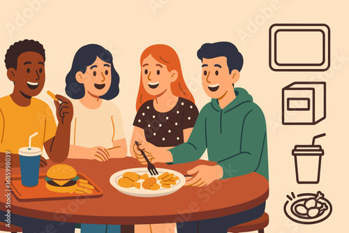 Food Court Friends. Scene banner with friends at food court table and casual dining icon set for tray, napkins, drink icons and