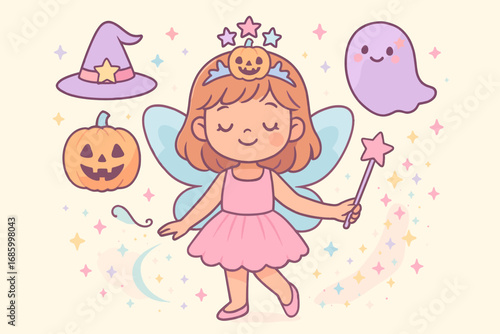 Fantasy Fairy Halloween. Scene with girl in fairy costume and fantasy Halloween icon set for wings, tiara, wand, glitter trail and