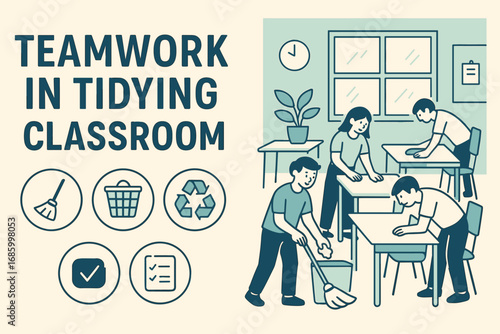 Classroom Clean-Up Teamwork. Creative banner featuring group tidying classroom and teamwork icon set for broom, basket, recycle