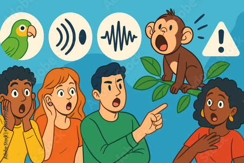 Animal Sound Reactions. Bright banner portraying group reacting to monkey call and soundscape icon set for parrot, echo symbol,