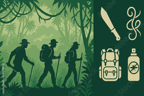 Jungle Expedition Essentials. Horizontal vector banner showing explorers walking through dense jungle and tropical expedition icon