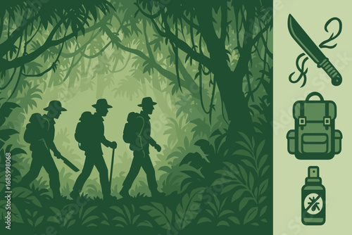 Jungle Expedition Essentials. Horizontal vector banner showing explorers walking through dense jungle and tropical expedition icon