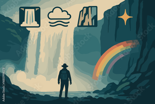 Explorer's Majestic Waterfall Discover. Horizontal artwork with explorer under waterfall and natural wonder icon set for waterfall