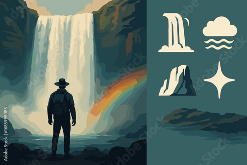 Explorer's Majestic Waterfall Discover. Horizontal artwork with explorer under waterfall and natural wonder icon set for waterfall