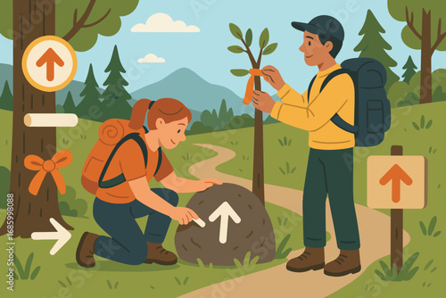 Trail Navigation Icons. Scene with trekkers marking path and navigation icon set for trail marker, chalk, ribbon and wayfinding
