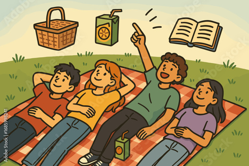 Teens Skywatching Picnic. Scene with teens on picnic blanket watching sky and leisure icon set for mat, juice box, book and joy