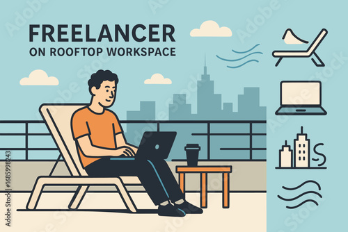 Freelancer's Rooftop Retreat. Wide vector layout with freelancer enjoying rooftop workspace and outdoor coworking icon set for