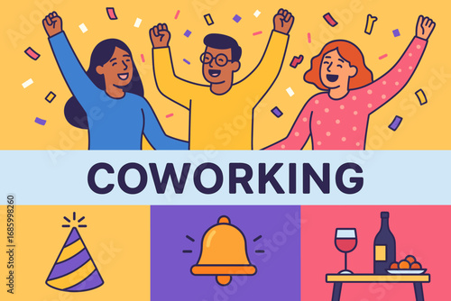 Coworking Milestone Celebration. Colorful vector panel with coworking members celebrating milestone and event icon set for banner,
