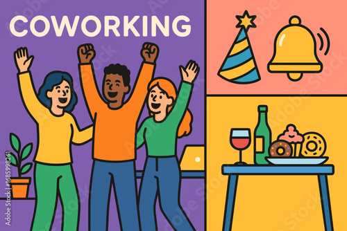Coworking Milestone Celebration. Colorful vector panel with coworking members celebrating milestone and event icon set for banner,