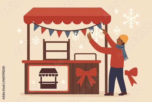 Festive Market Stall. Flat vector illustration featuring vendor decorating booth with ornaments and stall icon set for bunting,