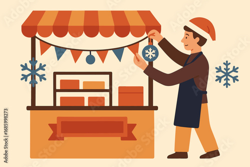 Festive Market Stall. Flat vector illustration featuring vendor decorating booth with ornaments and stall icon set for bunting,