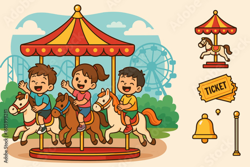 Carousel Fun for Kids. Cartoon-style banner depicting kids enjoying carousel ride and attractions icon set for merry-go-round,