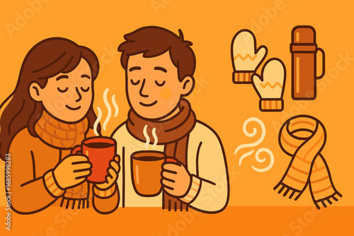 Cozy Winter Essentials. Bright banner portraying couple sipping hot drinks and warmth icon set for mittens, thermos, swirl steam