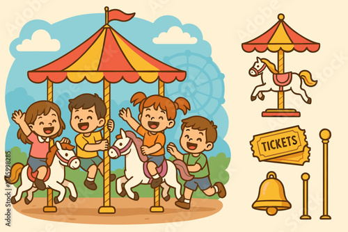 Carousel Fun for Kids. Cartoon-style banner depicting kids enjoying carousel ride and attractions icon set for merry-go-round,