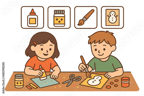 Creative Crafting Corner. Vector layout showing children making crafts and creative corner icon set for glue, glitter, paintbrush