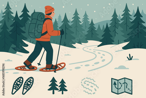 Snowshoe Hike Adventure. Illustrated banner of snowshoe hike in forest and nature icon set for snowshoes, pine trees, frost trail