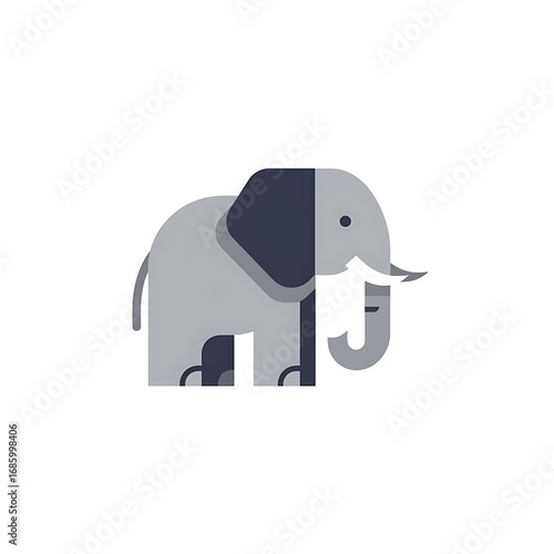 A minimalist, flat-design illustration of a grey elephant with dark grey ears and a white tusk, depicted in a simple, graphic style.