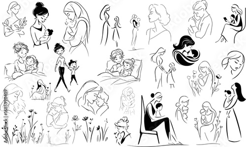Mother and child line art set / Family love vector illustrations
