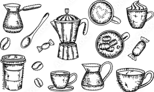 Hand drawn coffee set / Vintage cafe clipart collection