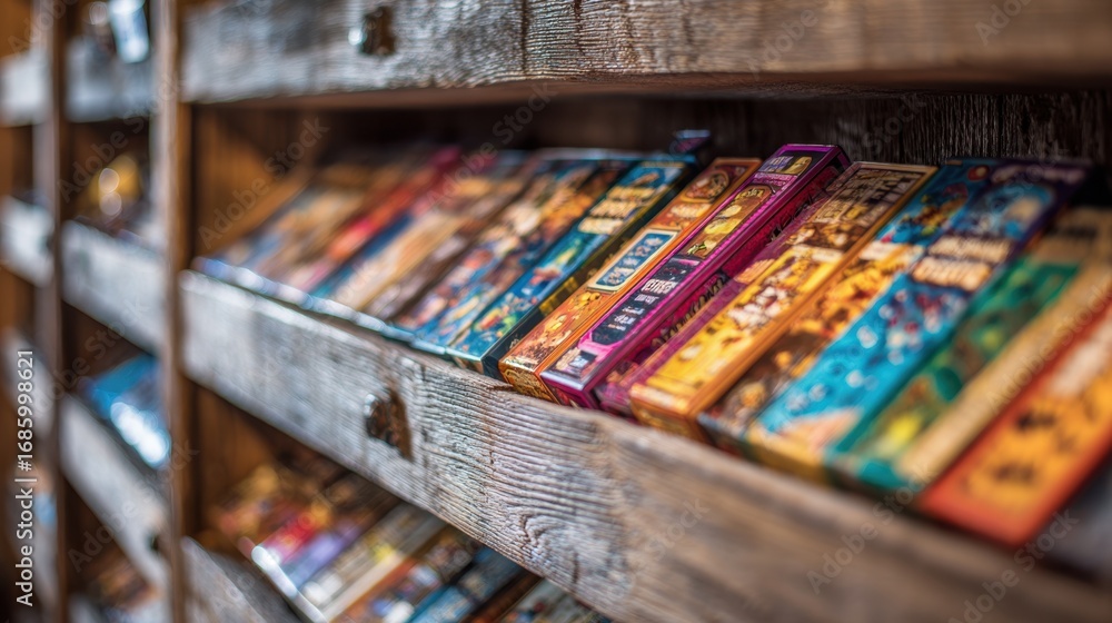 Obraz premium Medium shot of wooden board game shelves with vibrant game boxes neatly arranged main focus on the texture and natural tones of the wood grain.