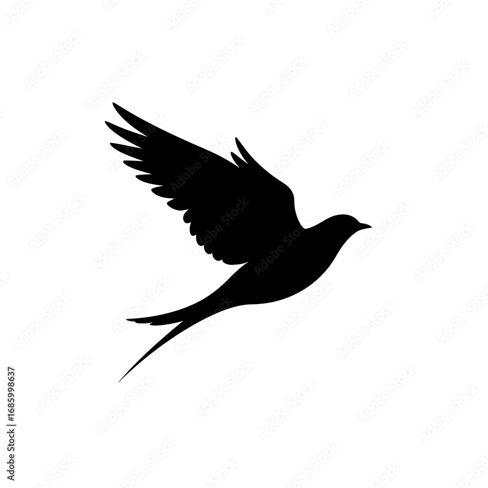 Fototapeta premium A silhouette of a swallow in mid-flight, with its wings spread wide and its long tail feathers trailing behind.