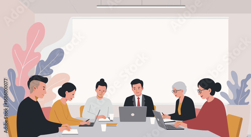 Diverse business professionals collaborate effectively during an important corporate meeting, utilizing modern technology in a bright, contemporary office environment.
