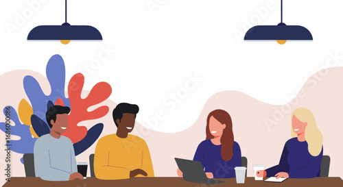 Diverse professionals collaborate in a modern, vibrant co-working space, engaging in a productive meeting and sharing innovative ideas in a friendly, inclusive environment.