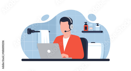 Man in headset works on laptop in a bathroom, illustrating remote work challenges, flexibility, and the blurred lines of work-life balance.