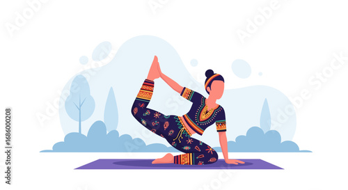 Woman in vibrant ethnic activewear practices a graceful yoga pose on a mat outdoors, embodying wellness, balance, and mindful living. Ideal for health and lifestyle content.