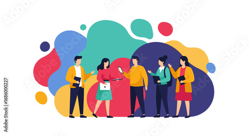 Diverse group of business professionals engaging in a collaborative discussion with tablets and documents. Represents teamwork, communication, and modern business.