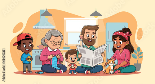 A happy multi-generational family enjoys leisure time at home. Grandma knits, dad reads, mom pets cat, and children play. Illustrates togetherness, domestic comfort, and family bonding.