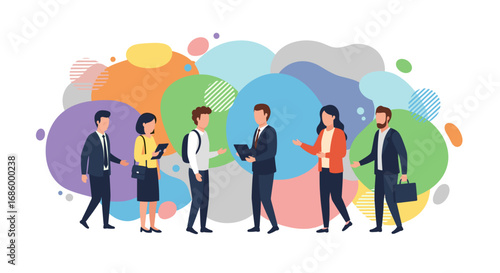 Team of diverse professionals collaborating and communicating with technology against a colorful background, representing innovation and modern business concepts.