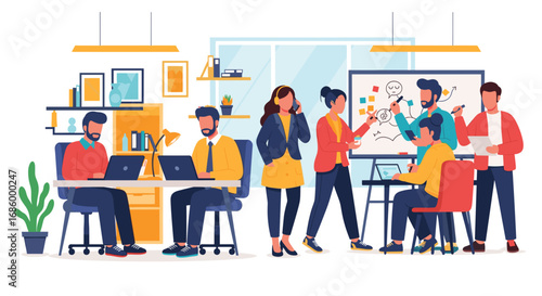 Diverse team collaborating in a modern office space, engaged in brainstorming, project discussion, and strategic planning for business growth.