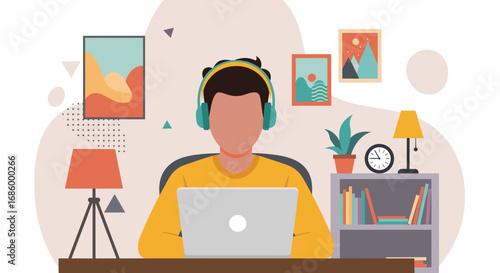 Person with headphones works on laptop in a modern home office. Ideal for remote work, online education, and digital lifestyle concepts.