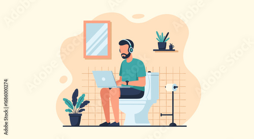 Man on toilet with laptop and headphones, symbolizing remote work, productivity, and the blur between personal and professional life. Modern busy lifestyle.