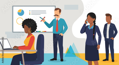 Diverse business team collaborating in a modern office. Professionals are engaged in presentation, laptop work, and phone calls, representing teamwork and communication.