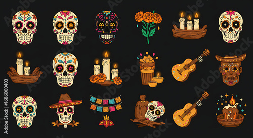 Dia de los Muertos Vector Set: Sugar Skulls, Candles, Guitars, Flowers, and Decorations