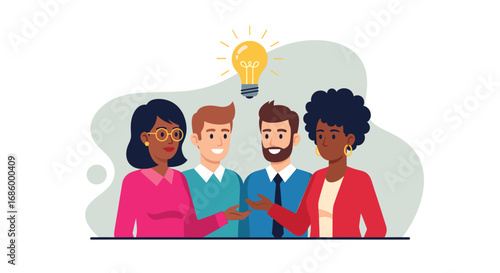 Diverse business team collaborating and generating new ideas, symbolizing innovation, teamwork, and problem-solving in a professional environment.